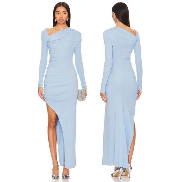 Sau Lee Dahlia Maxi Dress Ribbed Ruched Long Sleeve Side Slit Powder Blue Size 4